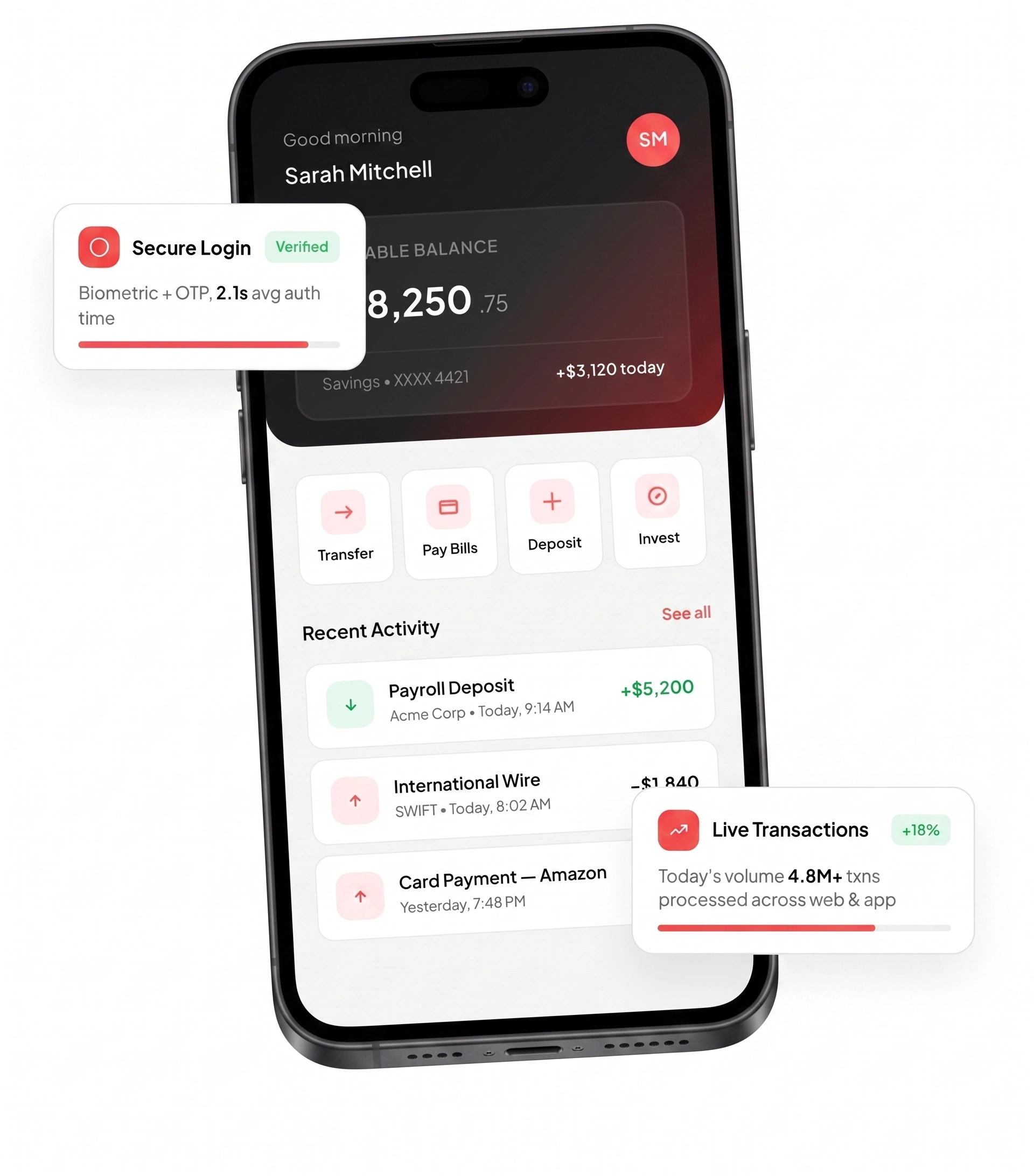 Banking platform illustration with live metrics